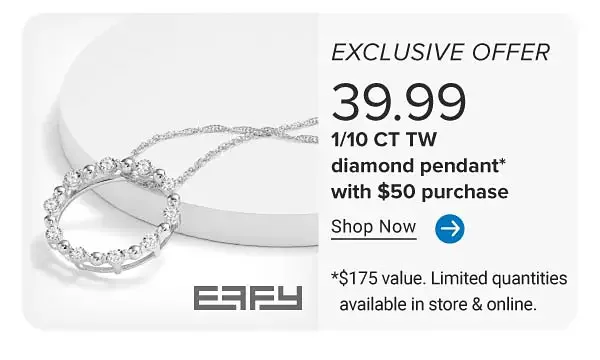 An image of a diamond pendant necklace. Exclusive offer. 39.99 one tenth CT TW diamond pendant with \\$50 purchase. Shop now. \\$175 value. Limited quantities available in store and online.