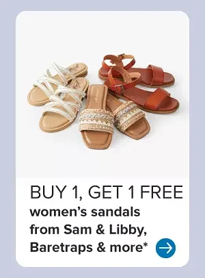 Three pairs of women's sandals in white, tan and brown. Buy one, get one free women's sandals from Sam and Libby, Baretraps and more.