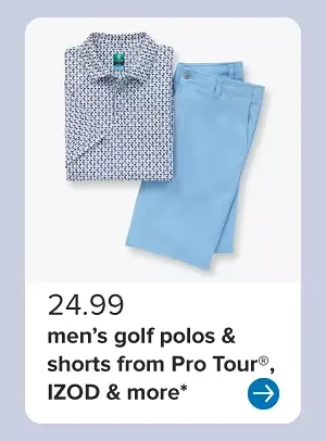 A gray men's golf shirt and light blue shorts. 24.99 men's golf polos and shorts from Pro Tour, Izod and more.