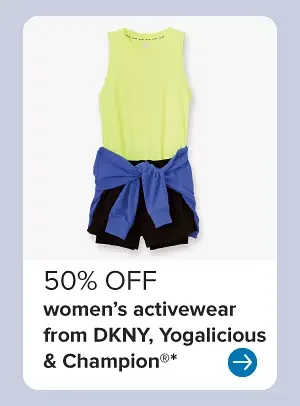 A neon yellow active top, blue sweater and black shorts. 50% off women's activewear from DKNY, Yogalicious and Champion.