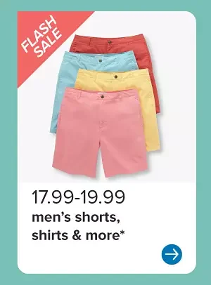 Men's shorts in red, light blue, yellow and pink. 17.99 to 19.99 men's shorts, shirts and more.