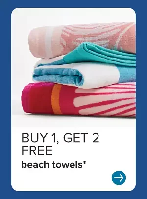 Image of various beach towels. Buy one get two free beach towels.