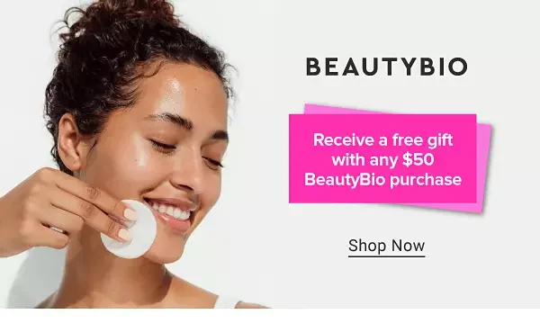 Image of a woman wiping her face with a cotton round. BeautyBio logo. Shop now.