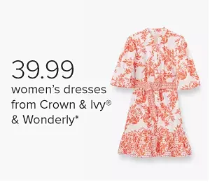 Image of a floral white and orange dress. \\$39.99 women's dresses from Crown and Ivy and Wonderly.