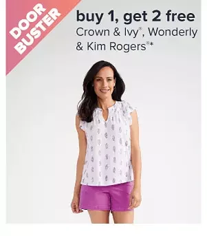 Buy 1, get 2 free Crown & Ivy, Wonderly & Kim Rogers. Image of a woman in a green shirt. Shop now.