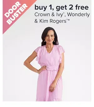 Buy 1, get 2 free Crown & Ivy, Wonderly & Kim Rogers. Image of a woman in a green shirt. Shop now.