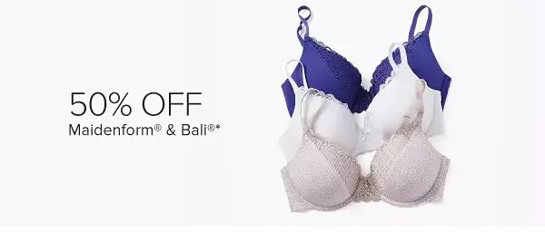 Blue, white and pink bras. 50% off Maidenform and Bali.