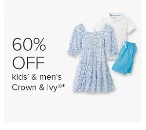 A girl's dress and a boy's white shirt and blue shorts. 60% off kids' and men's Crown and Ivy.