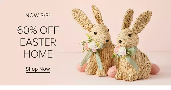 Now to March 31st. 60% off Easter home. Shop now. A table set with Easter decor.