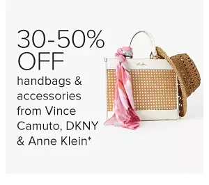 A straw hat, handbag and pink scarf. 30 to 50% off handbags and accessories from Vince Camuto, DKNY and Anne Klein.