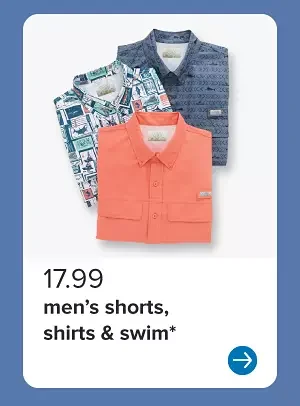 Three men's shirts in blue, white and orange. 17.99 men's shorts, shirts and swim.