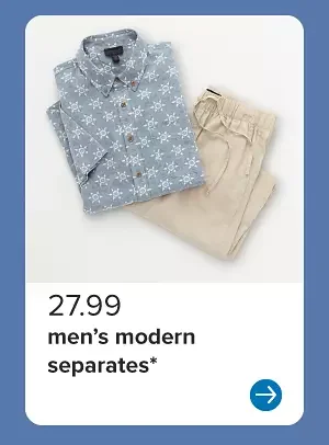 A gray short sleeve button up shirt and tan pants. 27.99 men's modern separates.
