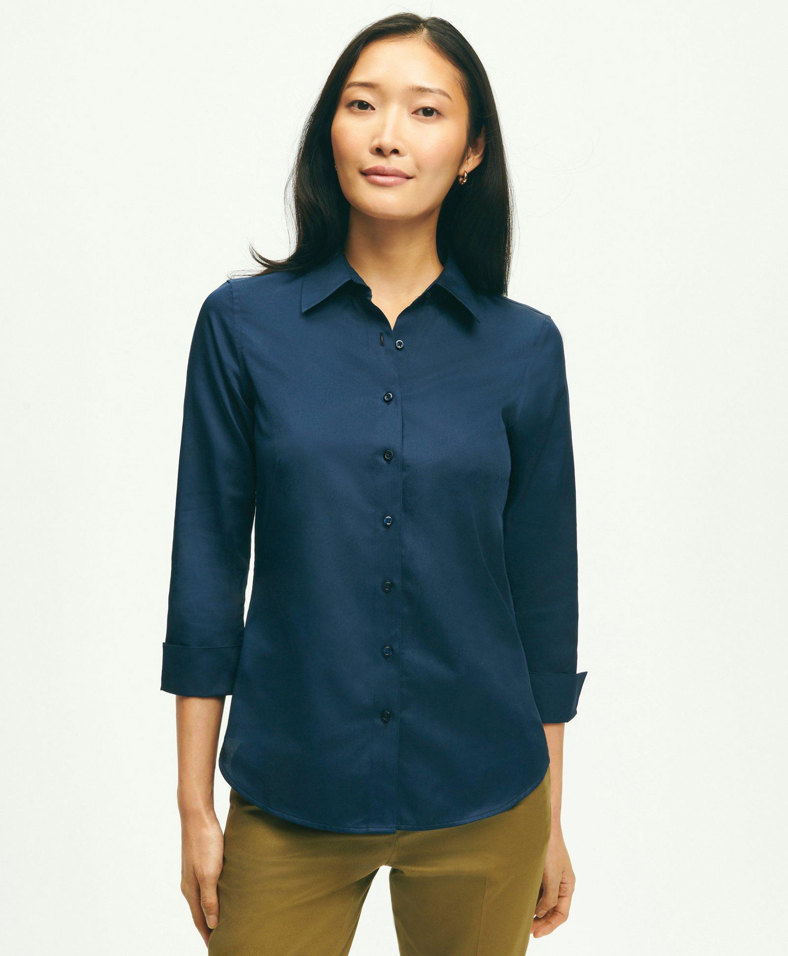 Fitted Stretch Cotton Sateen Three-Quarter Sleeve Blouse