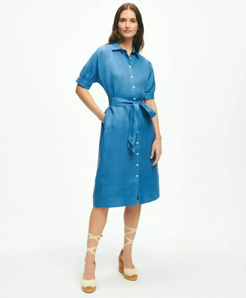 Puff Sleeve Belted Shirt Dress In Linen