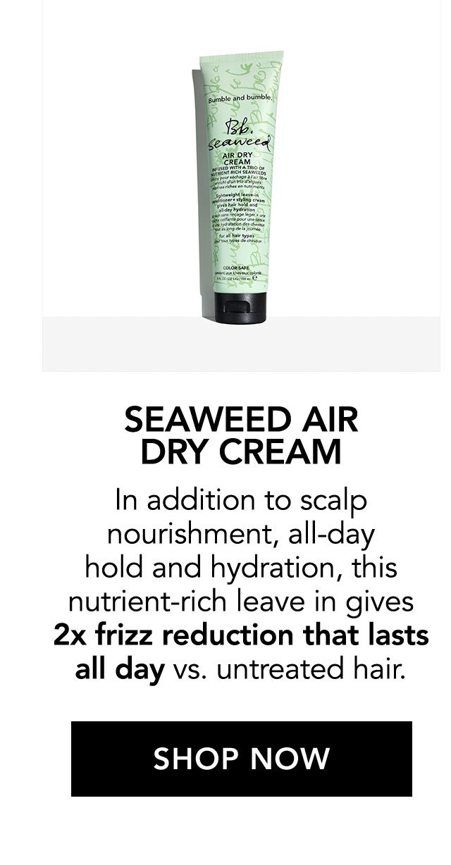 SEAWEED AIR DRY CREAM | In addition to scalp nourishment, all-day hold and hydration, this nutrient-rich leave in gives 2x frizz reduction that lasts all day vs. untreated hair. | SHOP NOW