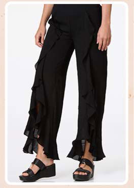 Shop black ruffled front pants