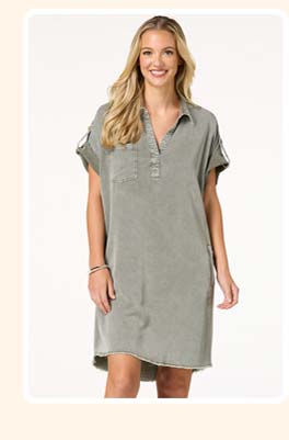 Shop olive chambray shift dress