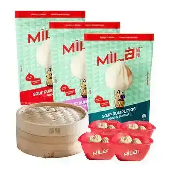 Mila Starter Pack Xiao Long Bao Soup Dumplings - 3 Bags, 1 Bamboo Steamer, 4 Dipping Bowls