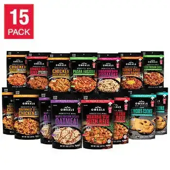 OMEALS Self Heating Emergency / Portable Meals 15-Pack Assortment (15 Total Servings)
