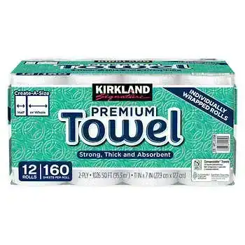 Kirkland Signature Paper Towels, 2-Ply, 160 Sheets, 12 Individually Wrapped Rolls