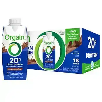 Orgain 20g Clean Grass Fed Protein Shake, Creamy Chocolate Fudge, 18-Pack