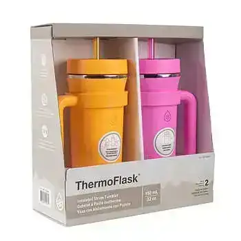 ThermoFlask 32oz Insulated Standard Straw Tumbler with Handles, 2-Pack