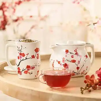 Tea Forte Cherry Blossom & Peach Blossom Loose Tea Bundle with Fiore Sakura Teapot and Steeping Cups