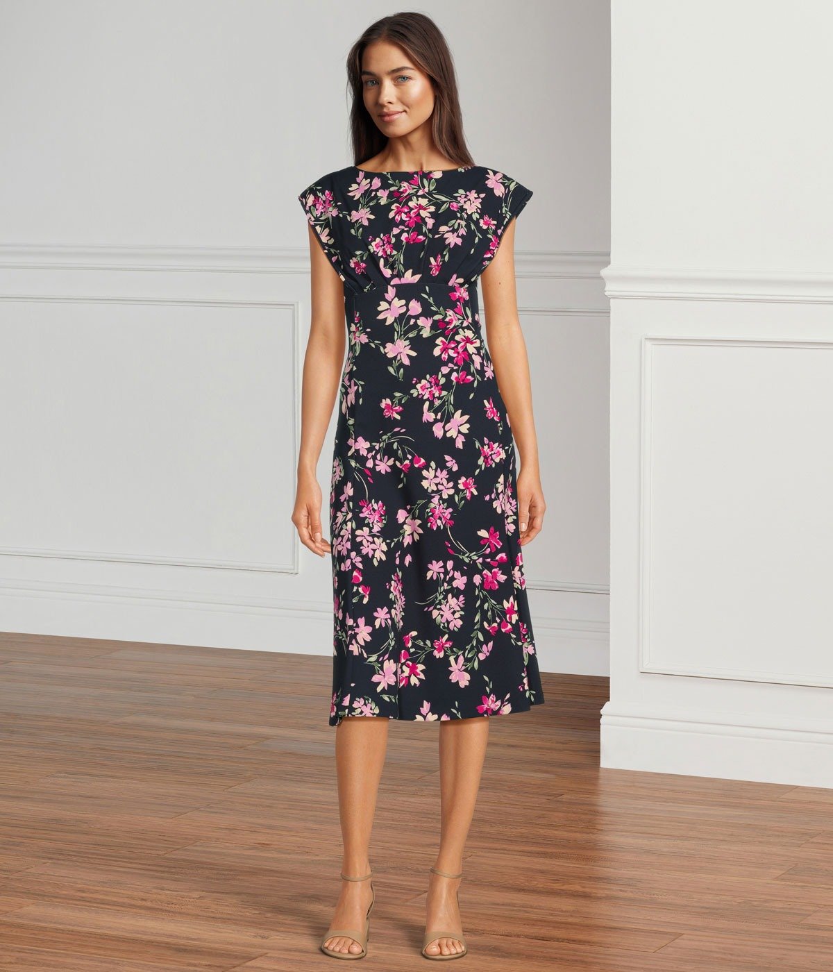 Short Sleeve Boat Neck Floral Scuba Crepe Midi Dress, \\$134