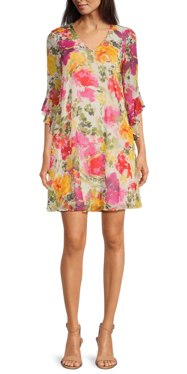 3/4 Angel Sleeve V-Neck Floral Chiffon Dress, \\$119