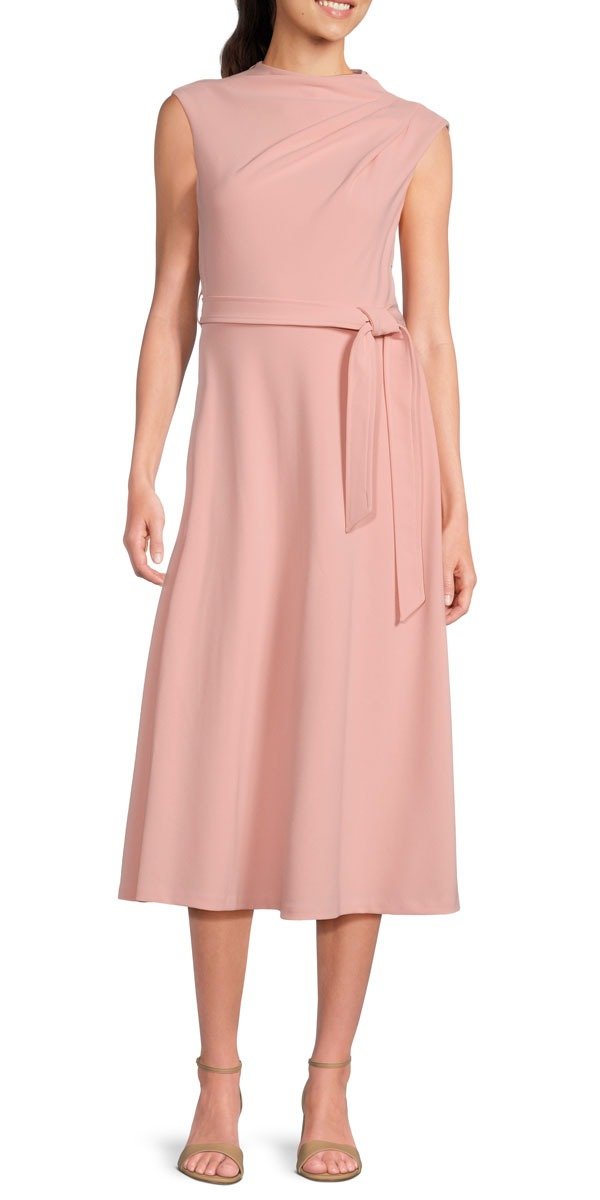 Scuba Crepe Sleeveless Mock Neck Tie Waist Midi A-Line Dress, \\$134