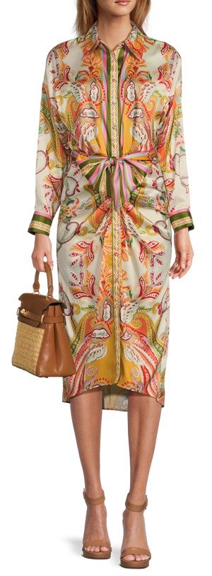 Roxanne Paisley Long Sleeve Dress Bridgette Cane Woven Satchel Bag