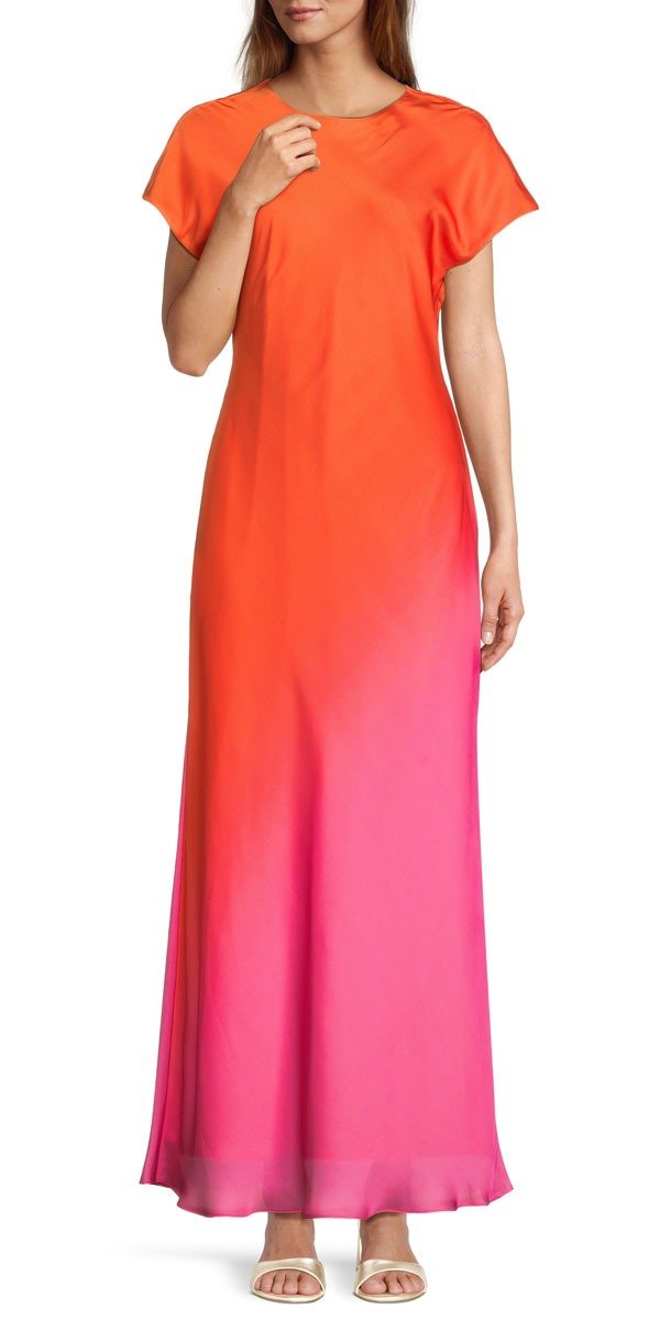 Fallon Printed Satin Ombre Boat Neck Long Slip Dress, \\$159 Online and select stores.