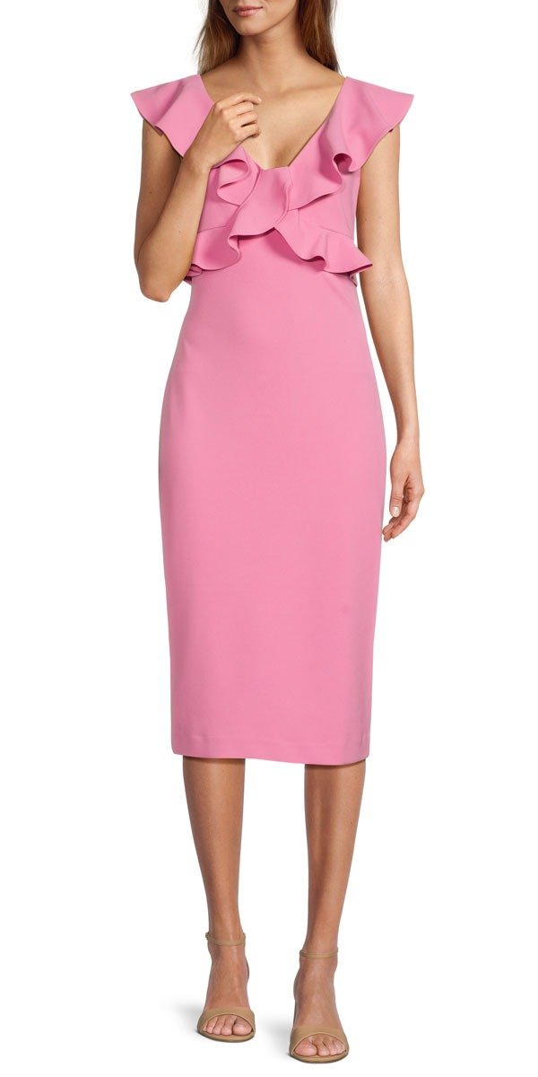 Ainsley Scuba Crepe Ruffle Bodice V-Neck Cap Sleeve Midi Dress, \\$99