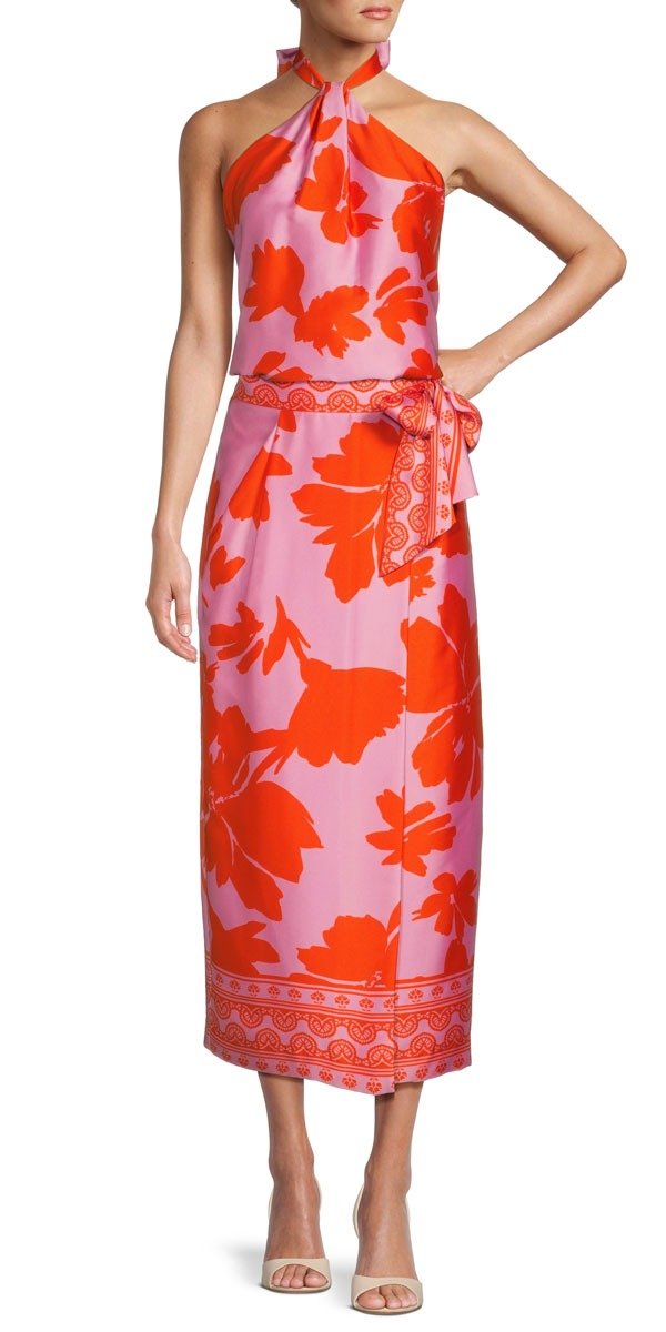 Tara Floral Printed Satin Coordinating Halter Top, \\$119 Clio Floral Printed Satin Coordinating Wrap Midi Skirt, \\$149