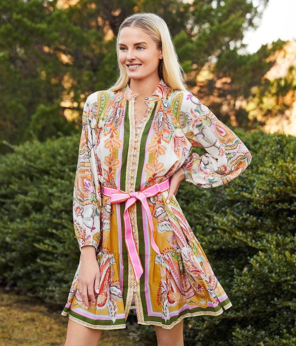 ANTONIO MELANI • Brynn Pink Scarf Floral Border Print Mock Neck Long Sleeve Self-Tie Belted Tiered Hem Button Front Dress • SHOP NOW