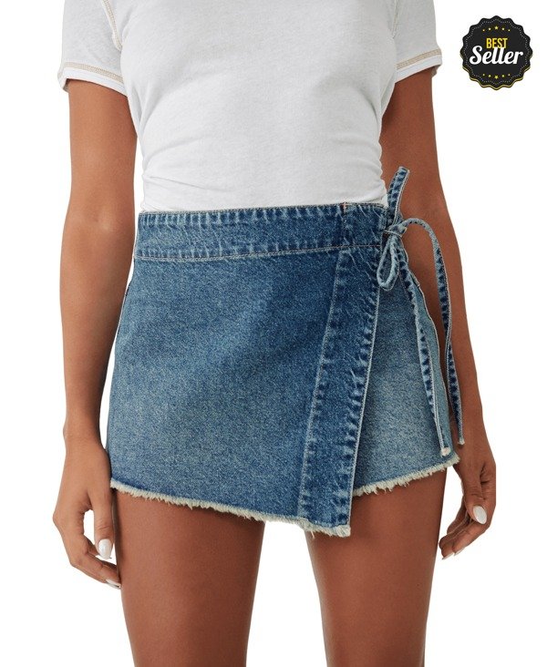 Emmy Denim High Waisted Asymmetric Raw Hem Tie Side Mini Skort