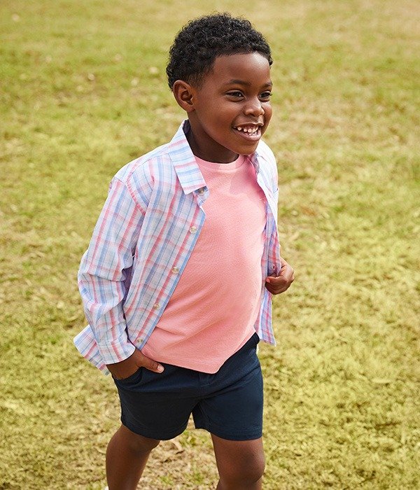 CLASS CLUB Little Boys 2T-7 Long Sleeve Plaid Sport Shirt and Little Boys 2T-7 Flat Front Stretch Twill Shorts