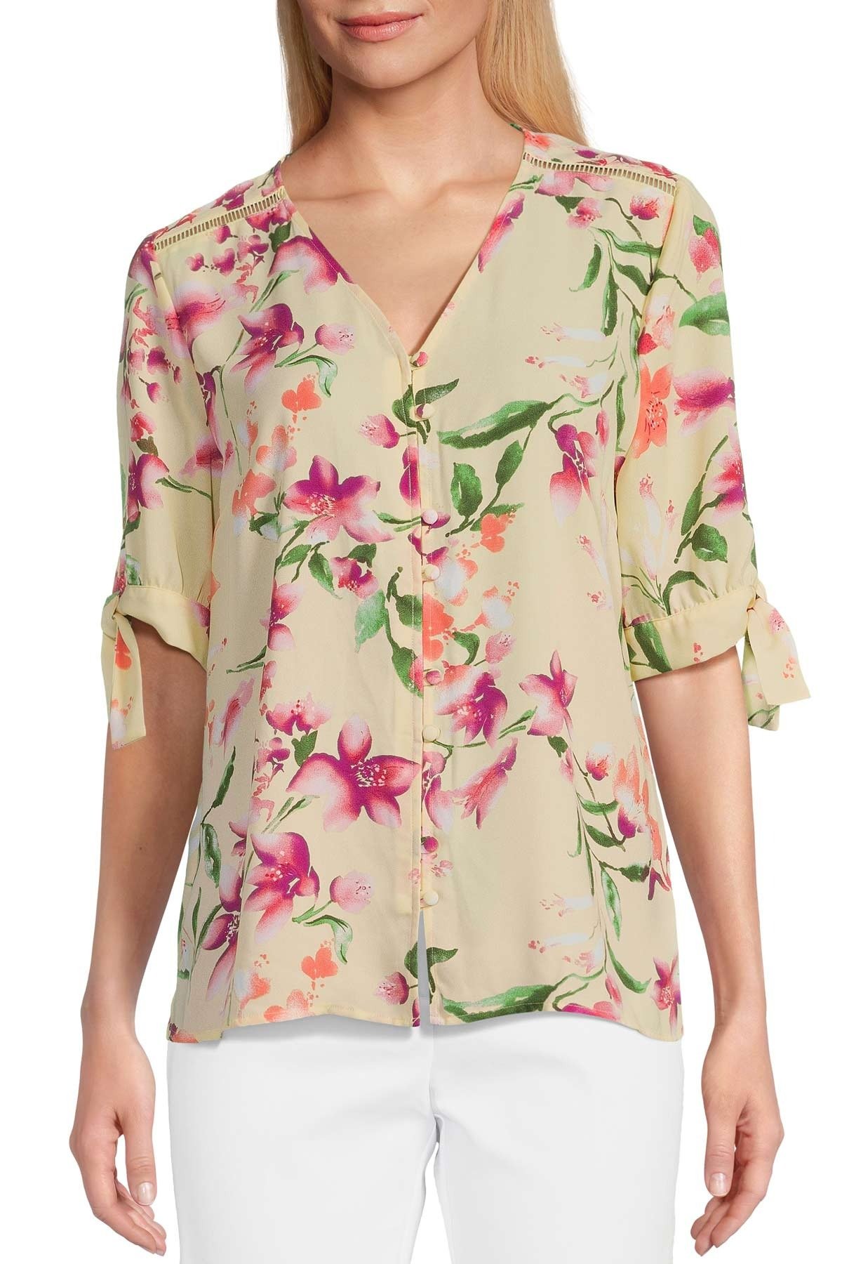 Woven Yellow Floral Harmony Print V-Neck 3/4 Tie Sleeve Top, \\$59