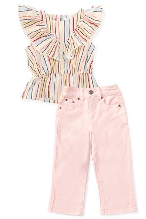 A LOVES A •\xa0Ruffle Sleeve Striped Top •\xa0High Waist Distressed Wide Leg Denim Pants •\xa0Online & select stores • SHOP NOW