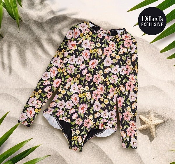 GB Little Girls 2T-6X Floral Long Sleeve Ruffle One-Piece Swimsuit