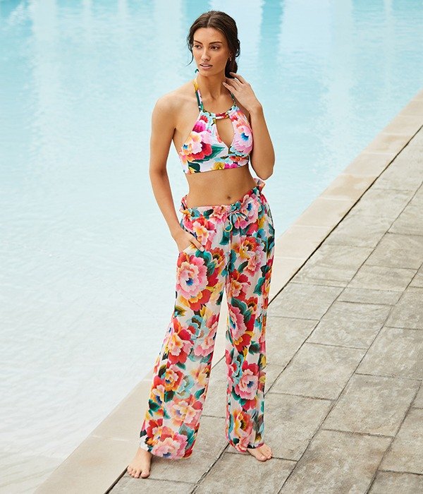 GIBSON & LATIMER • Radiating Blooms Highneck Keyhole Halter Swim Top & Twisted Sash Hipster Swim Bottom • Floral Print Drawstring Tie High Waist Pant Swimsuit Cover-Up • SHOP NOW