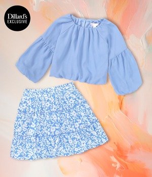 GB GIRLS • Little Girls 2T-6X Printed Ruffle Mini Skirt • Little Girls 2T-6X Long Sleeve Woven Drapey Blouse