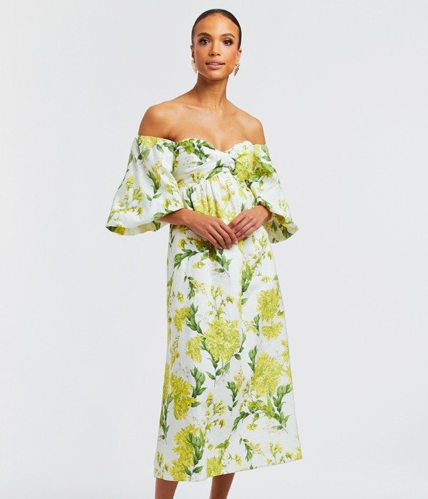 MESTIZA NEW YORK • Emilie Linen Floral Off-the-Shoulder Puff Sleeve Sweetheart Neck A-Line Midi Dress • SHOP NOW