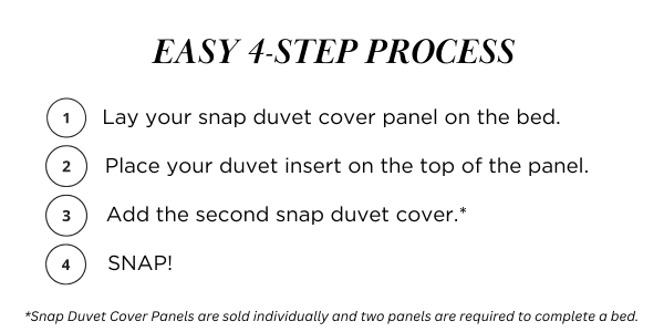 Easy 4-step process: lay your snap duvet cver panel on your bed place your duvet insert on top of panel, add second snap duvet cover, and snap. You will need to purcahse two snap duvet covers.