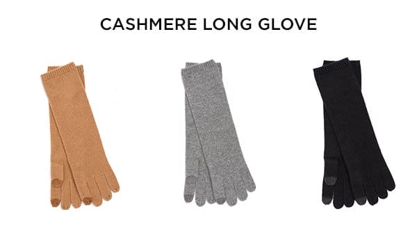 Cashmere long gloves in camel heather, grey heather, and black