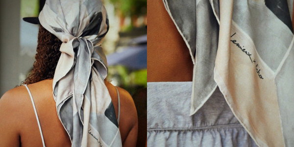 two images; back view of female wearing baseball cap covered by long silk scarf and back close -up of long silk scar with creators name