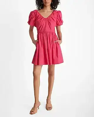 v-neck puff sleeve poplin mini dress