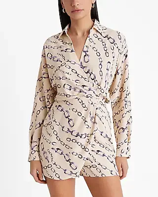 printed deep v-neck surplice shirt romper