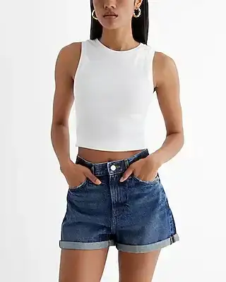 high waisted medium wash rolled hem jean shorts