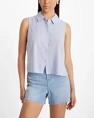 linen-blend pinstripe sleeveless button up shirt